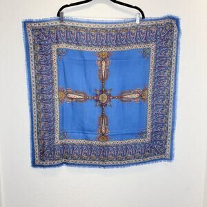 The Art Institute Of Chicago Wool Square Royal Blue Scarf Vintage Made in Japan